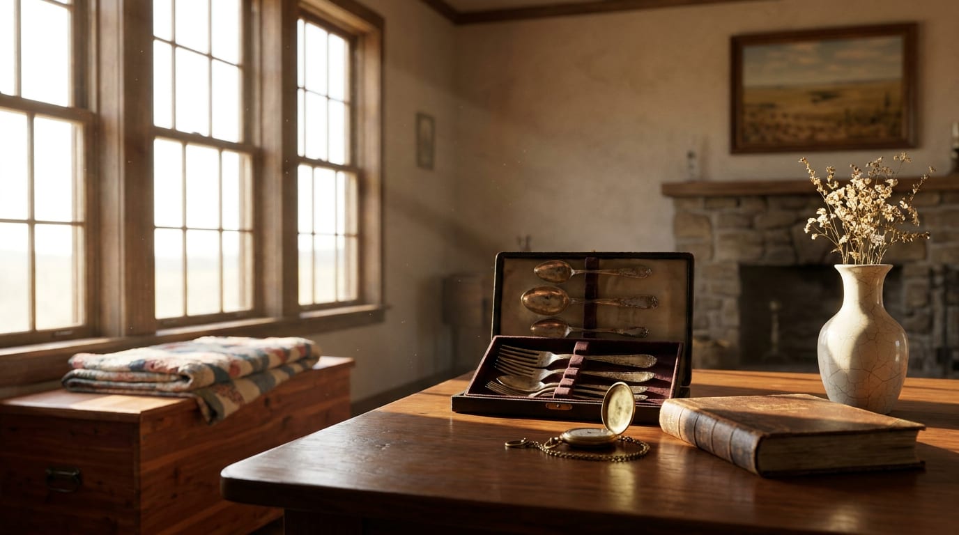 Inherited antiques arranged on wooden table in sunlit farmhouse interior, including pocket watch, ledger, silver flatware, porcelain vase, and quilt