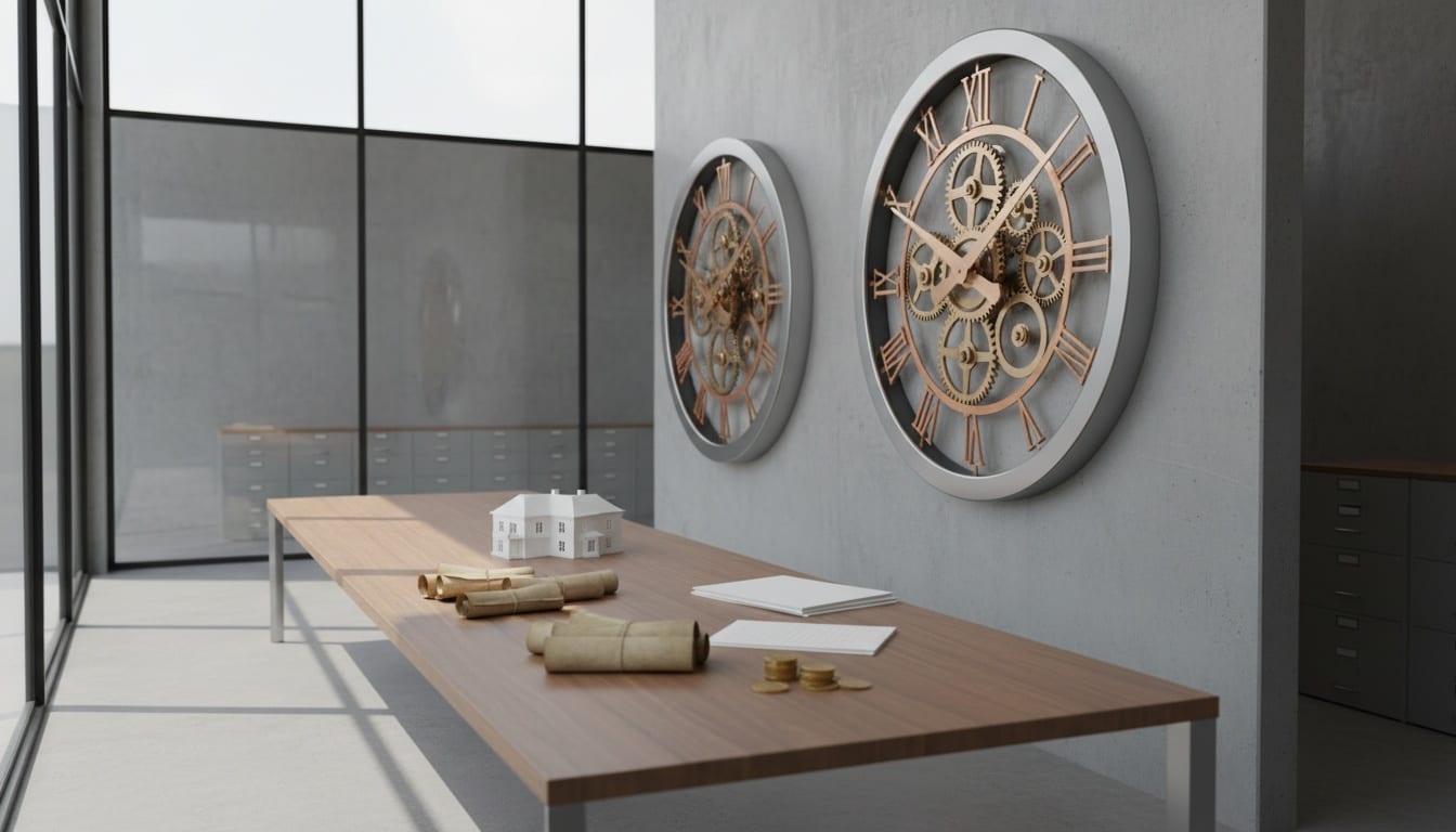 Large vault clock mechanisms above walnut table with financial documents, coins, and house model in modern archive room