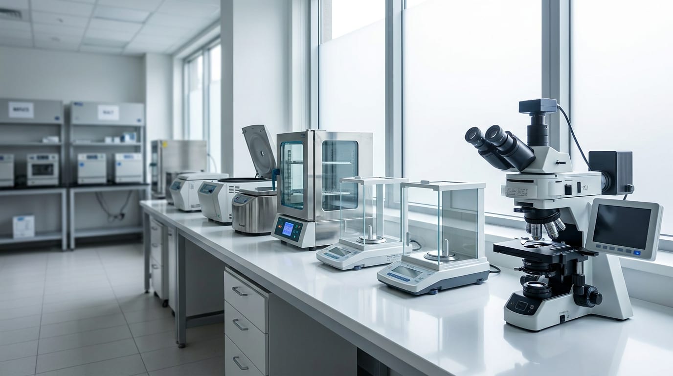 Modern laboratory with centrifuges, analytical balances, incubators, and microscope on white countertop