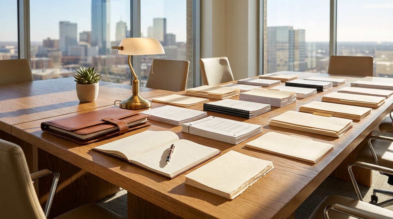 Modern office conference room with organized financial documents, oak table, and Oklahoma City skyline view