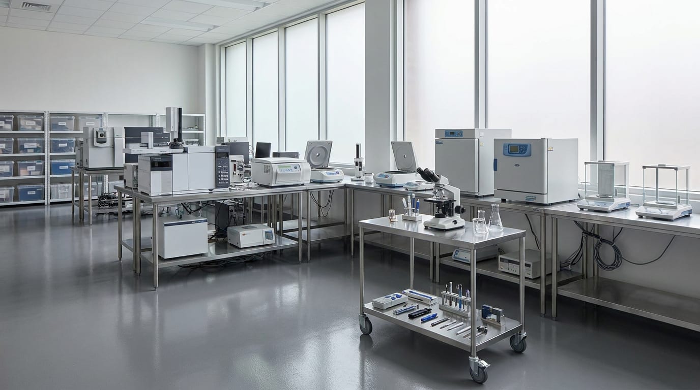 Research laboratory with precision instruments on stainless steel benches, mass spectrometers, centrifuges, and microscope in organized clinical space