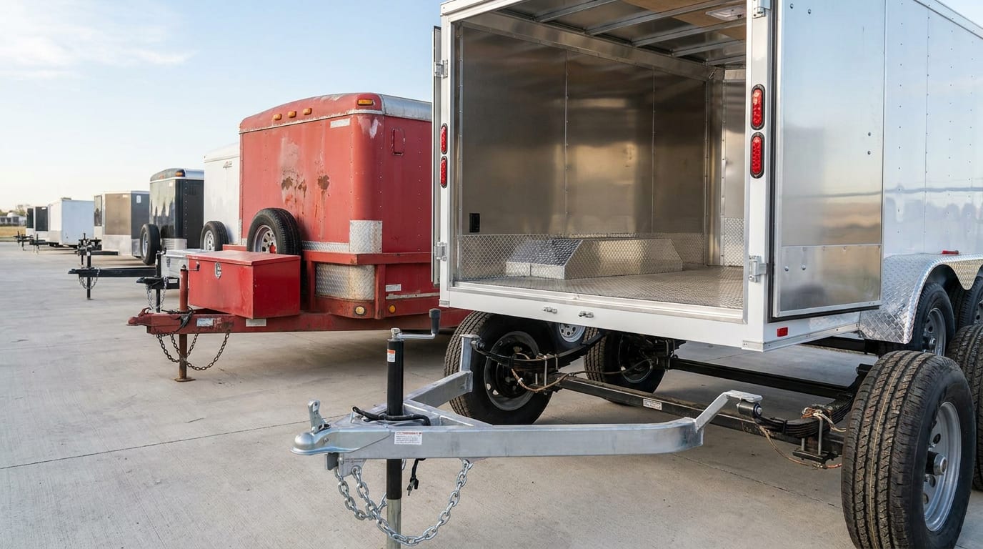 Row of utility trailers parked in industrial yard with open doors showing reinforced interior and detailed hitch assembly