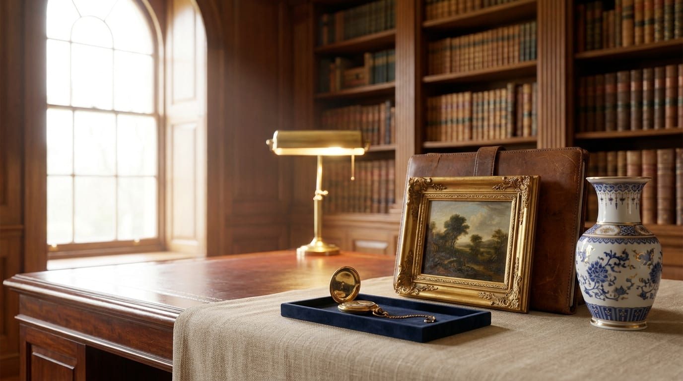 Antique collectibles arranged on linen cloth by sunny window for appraisal documentation