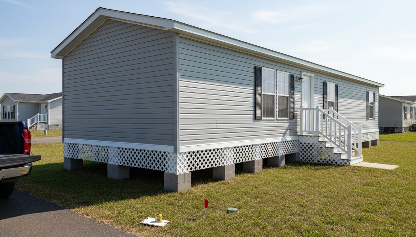 Manufactured home with surveyor's clipboard and property stake on residential lot during inspection