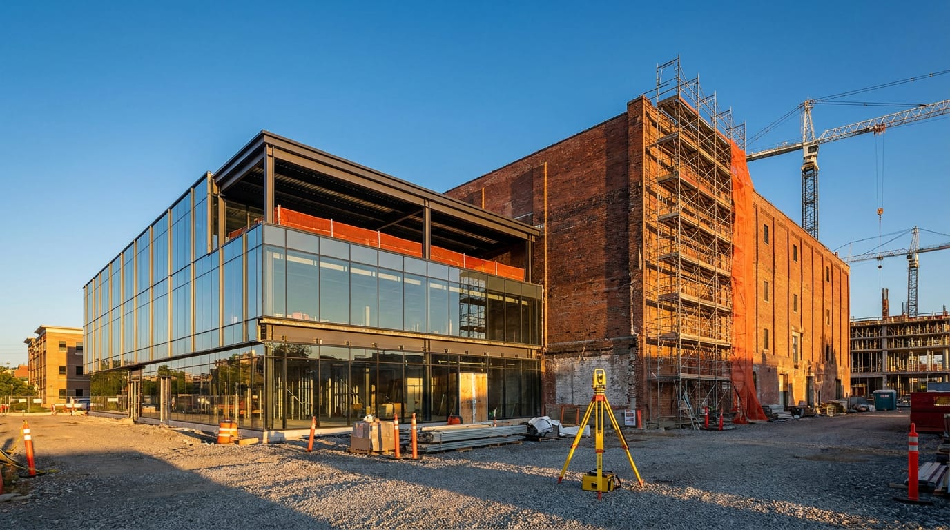 New commercial building and renovated brick warehouse on urban development site with surveying equipment