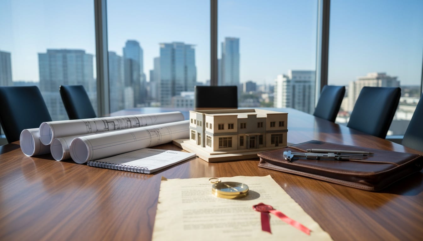 Modern conference room with architectural blueprints, property survey, wooden building scale model, brass compass, and leather portfolio on polishe…