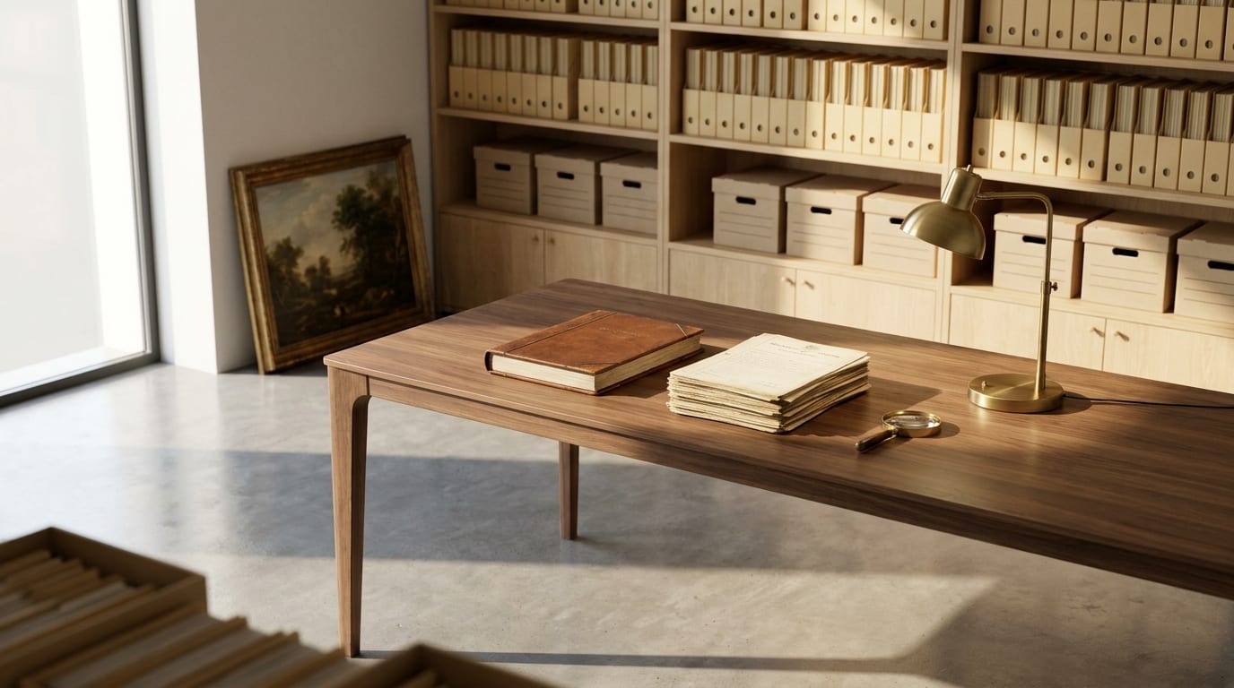 Archive room with manila folders, banker's boxes, leather ledger, and property deeds on walnut table under morning sunlight