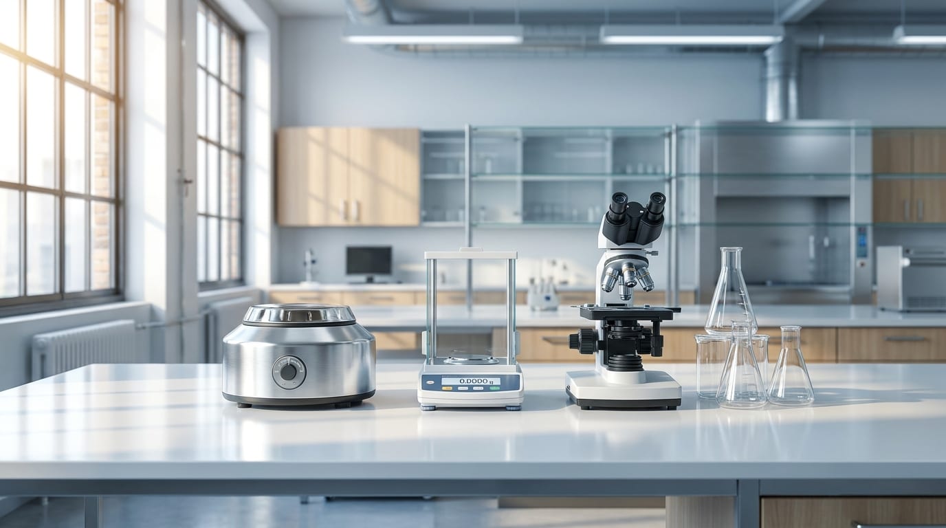 Modern laboratory with centrifuge, balance scale, and microscope on white countertop by sunlit windows