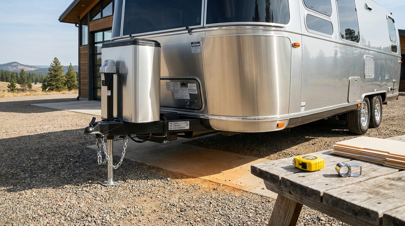 Travel trailer RV parked at inspection garage with open compartment showing chassis and VIN plate