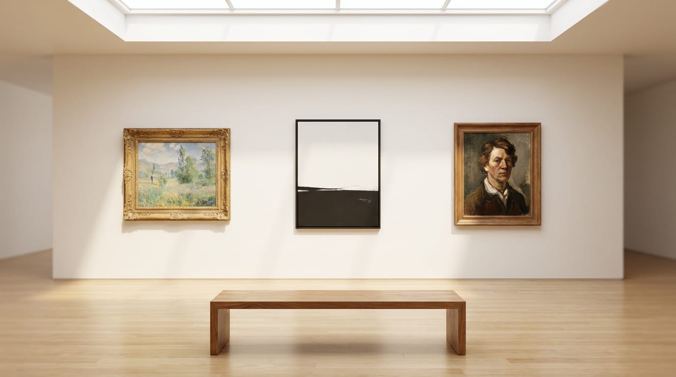 Gallery interior with framed paintings displayed on white wall, wooden bench, and skylighting