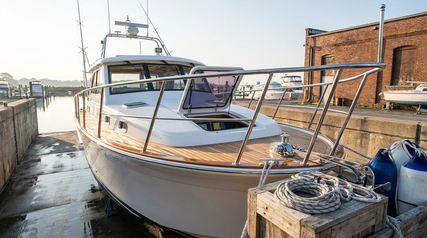 Motor yacht in dry dock with polished chrome, teak deck, navigation electronics, fishing outriggers, and dock accessories