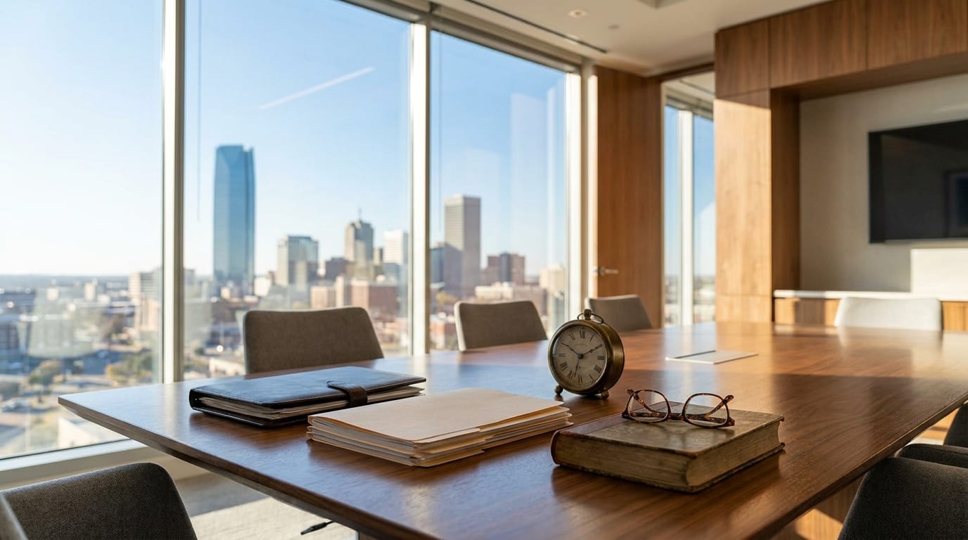Modern law office conference room with walnut table, Oklahoma City skyline view, and legal documents