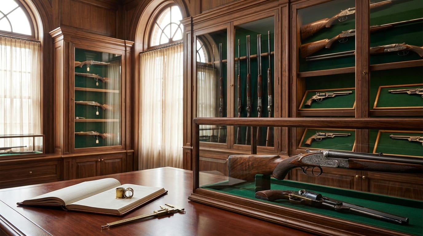 Private armory display room with glass cases of rifles and revolvers on green felt, with appraisal tools on mahogany table
