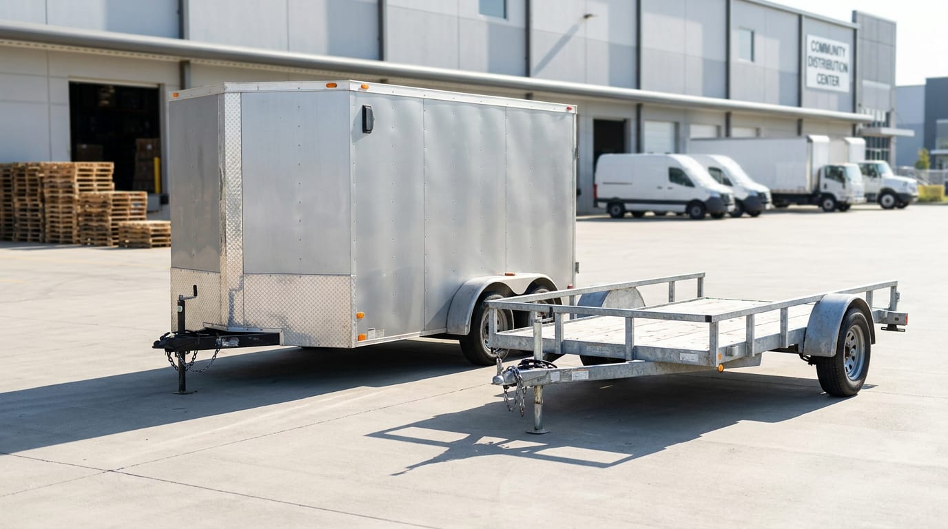 Enclosed cargo trailer and flatbed utility trailer parked in a sunny donation yard beside a warehouse with open bay doors