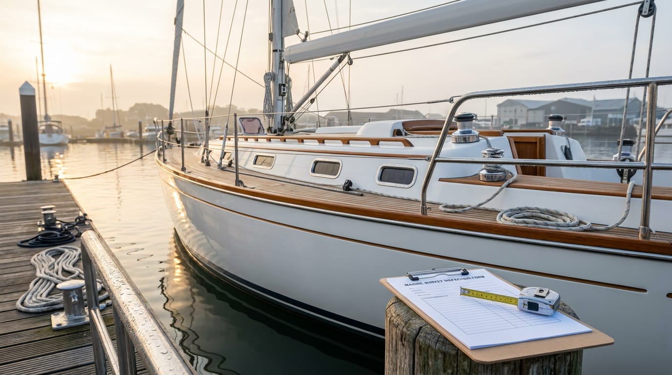 White sailing yacht moored at marina dock with surveyor's tape and inspection clipboard
