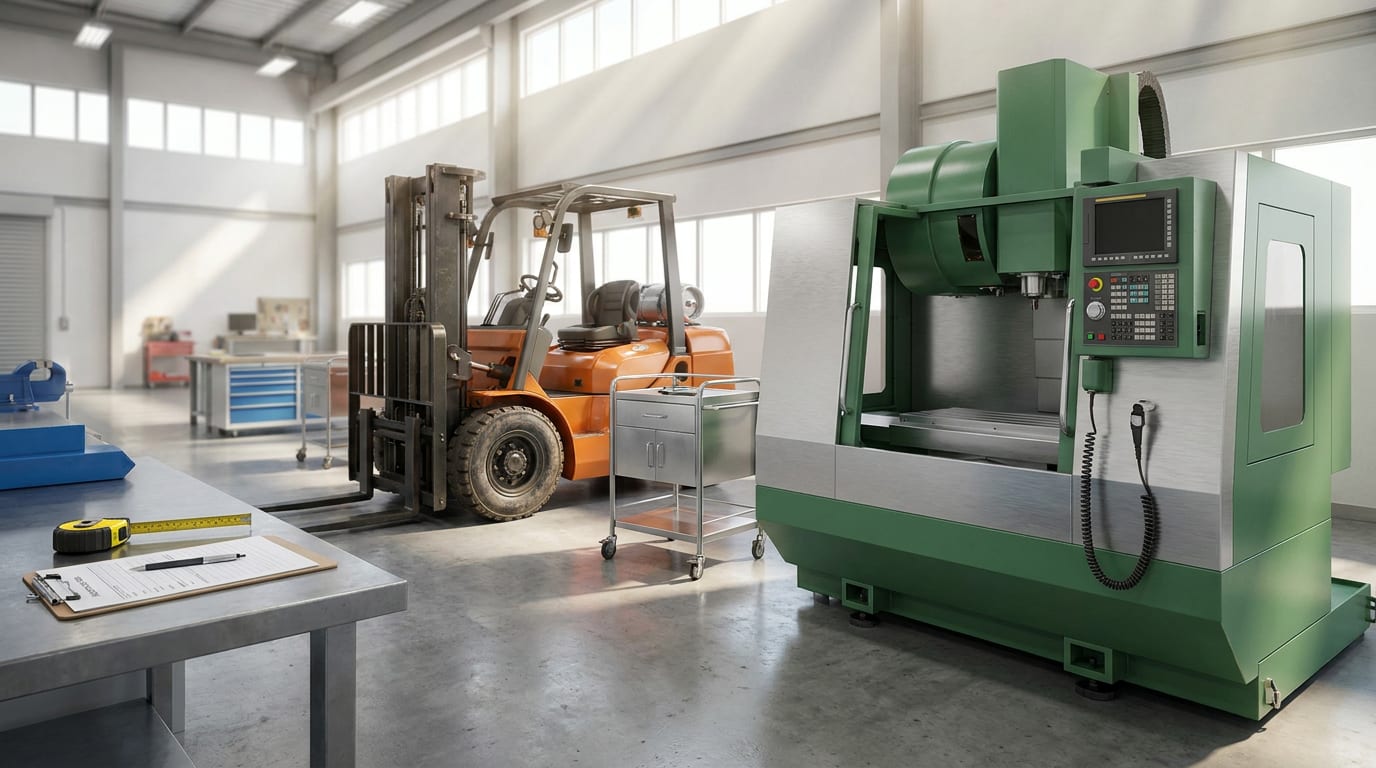 Industrial showroom with donated CNC milling machine, medical diagnostic cart, and forklift on polished concrete floor