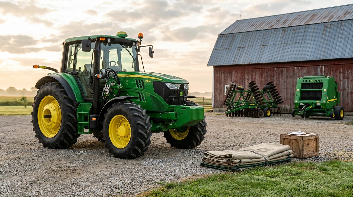 Green-and-yellow tractor parked in early-morning sunlight on gravel yard with barn and farm equipment in background