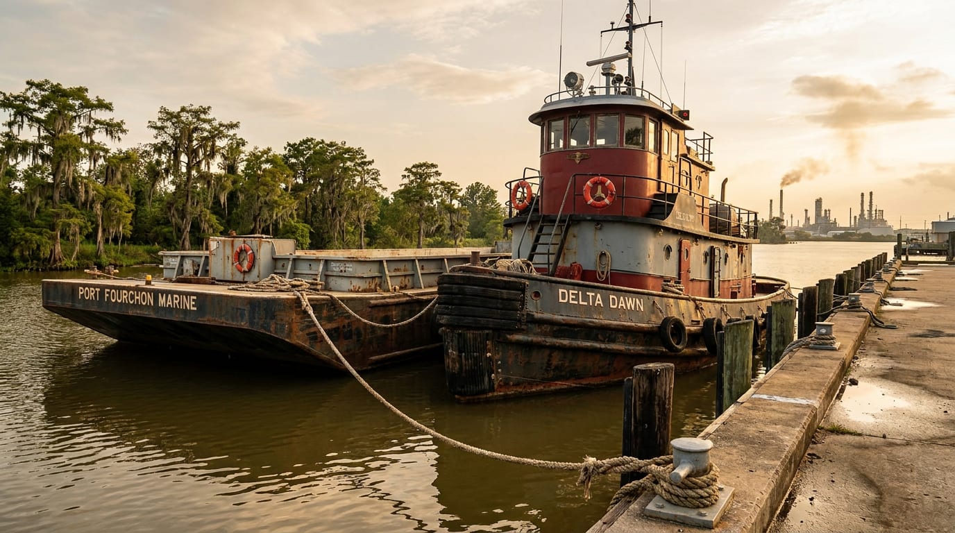 Steel tugboat and barge moored at Louisiana bayou pier with cypress trees and refinery in background