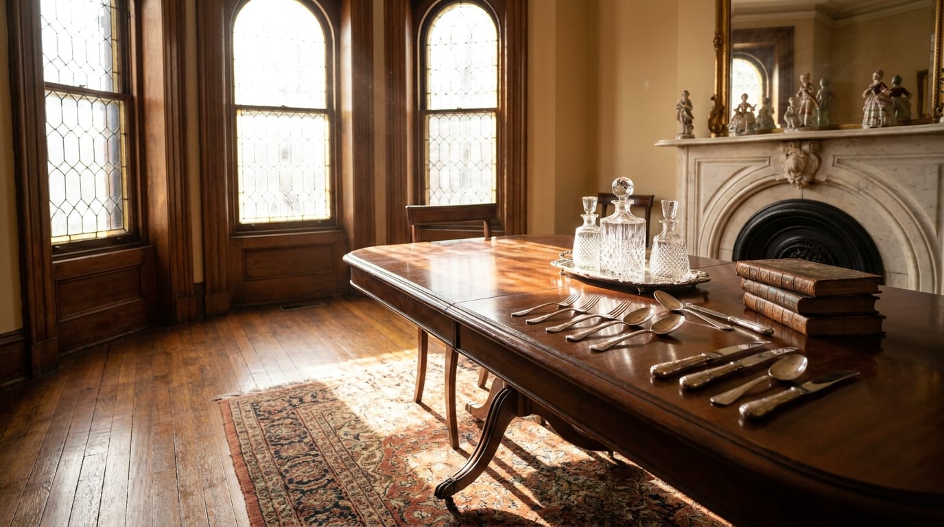 Formal dining room in historic Chicago greystone with mahogany table, heirloom silver, crystal decanter, and marble fireplace mantel lit by morning…