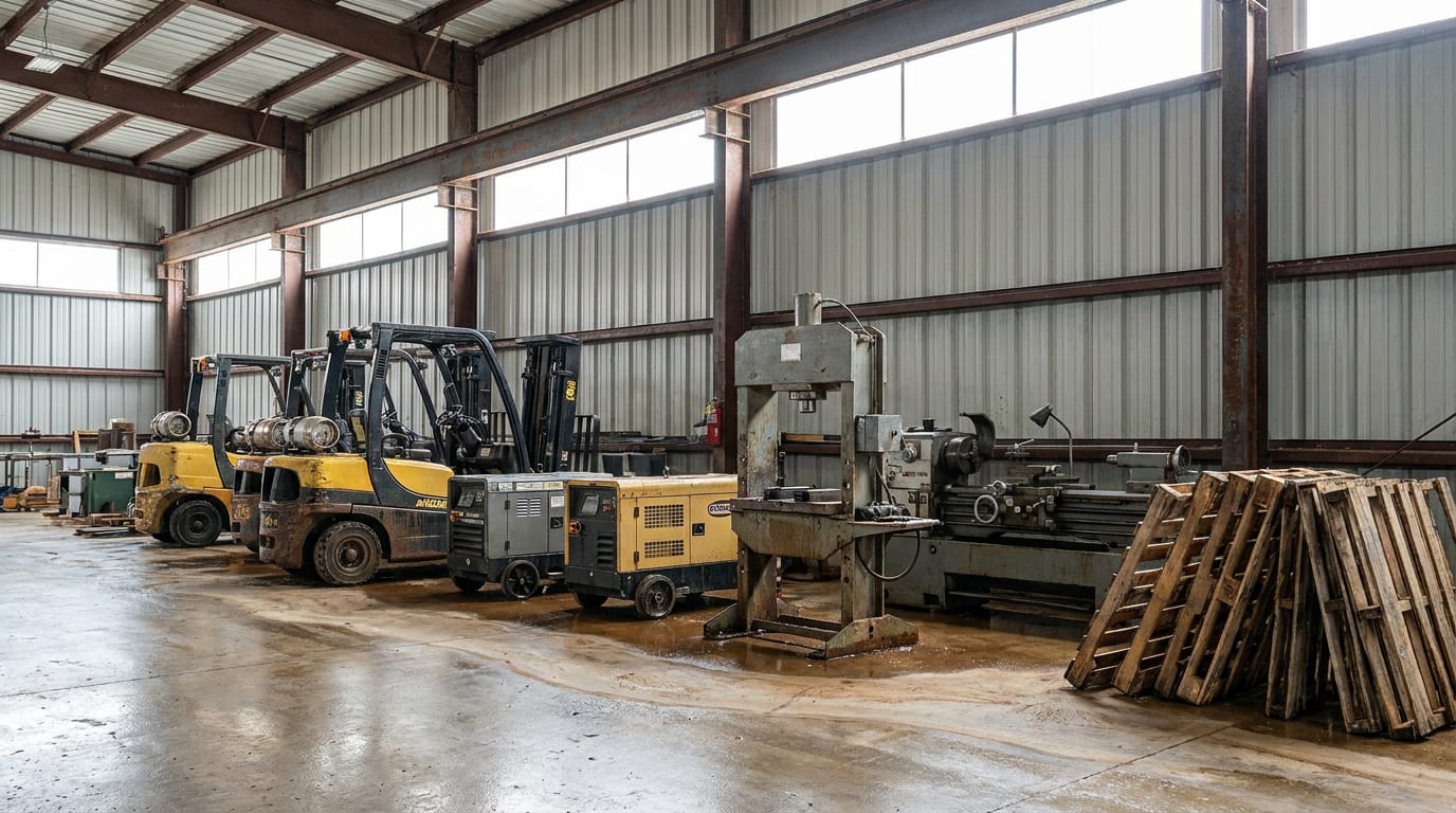 Industrial warehouse with flood-damaged forklifts and machinery showing waterline marks and moisture