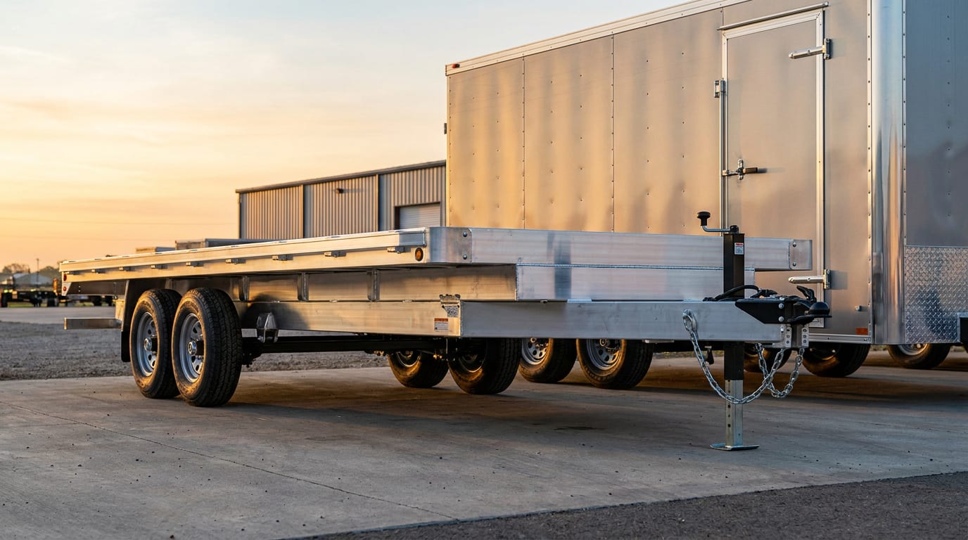 Flatbed and enclosed cargo trailers parked in equipment yard with morning light on aluminum panels and steel chassis