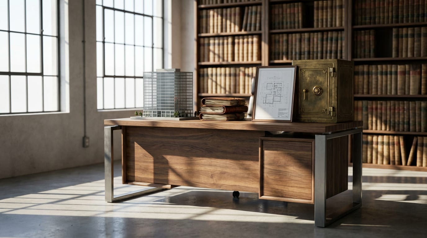 Modern financial office desk with architectural model, deed folders, blueprint, and antique safe