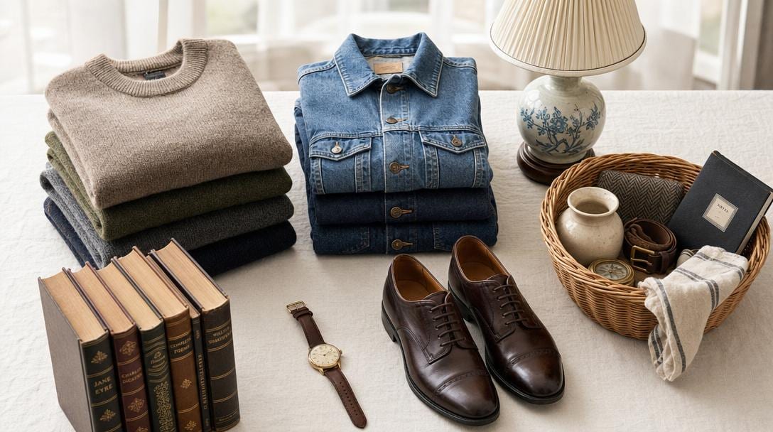 Flat-lay arrangement of donated items including folded sweaters, books, vintage lamp, watch, shoes, and wicker basket on white surface