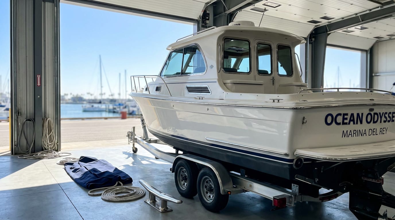 White cabin cruiser on boatyard trailer in marina service hangar with sunlight through bay doors