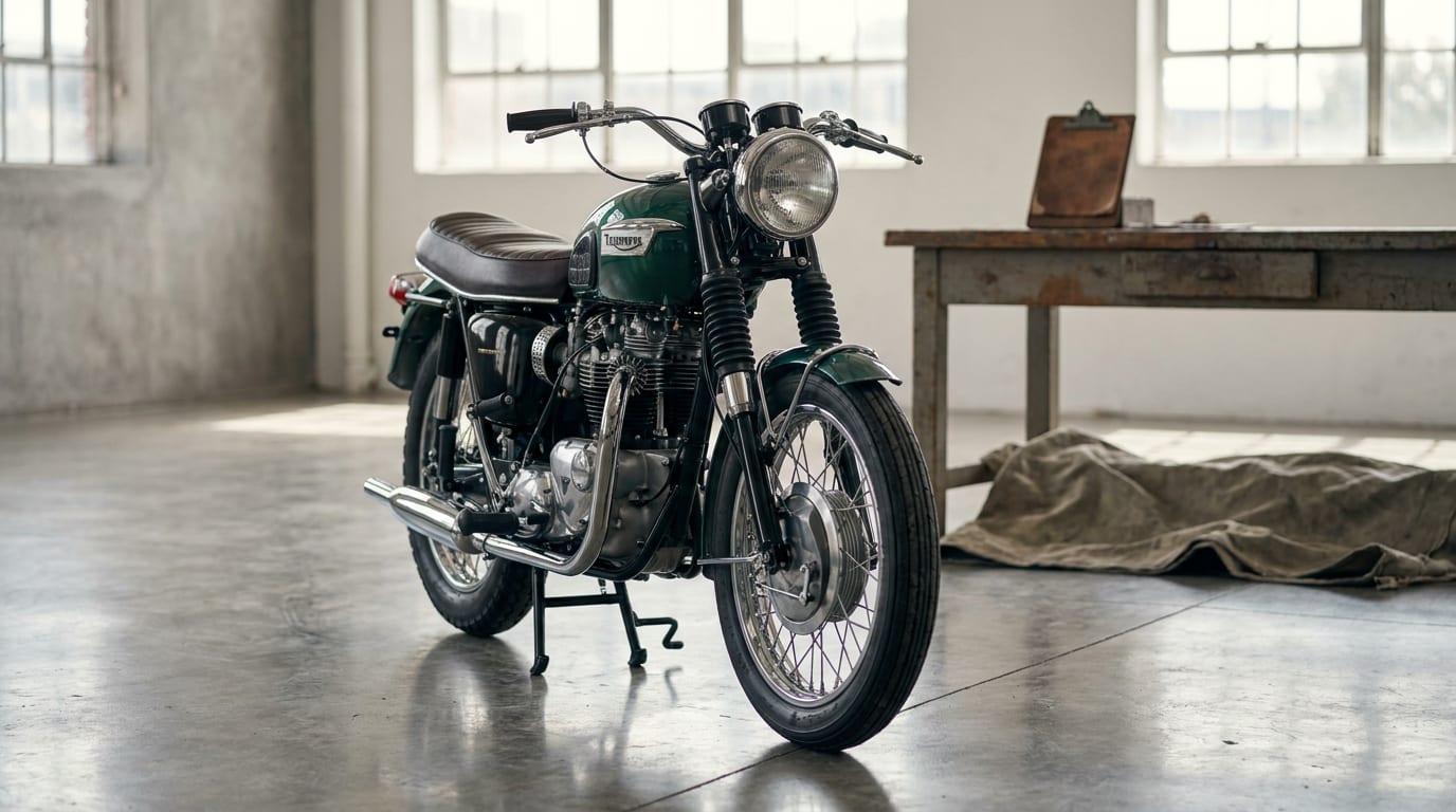 Vintage motorcycle displayed on polished concrete floor in bright warehouse showroom with industrial windows
