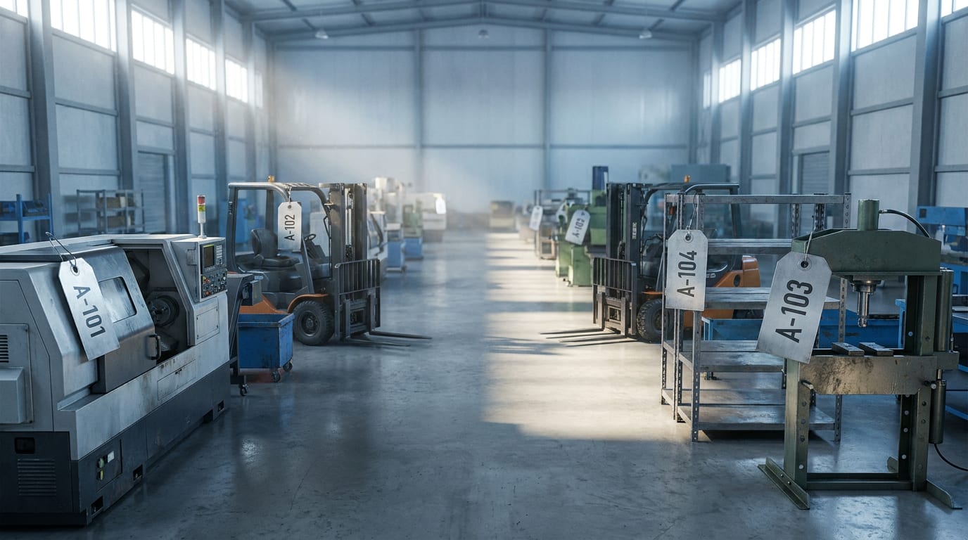 Industrial warehouse with rows of manufacturing equipment tagged for auction under morning light