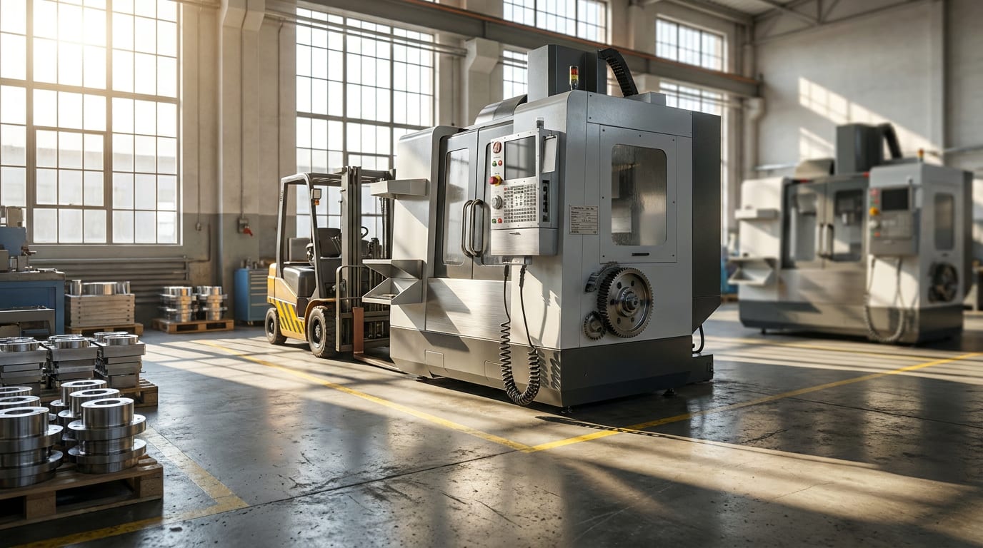 Industrial manufacturing facility with CNC milling machine, forklift, and stacked steel parts on polished concrete floor under natural light