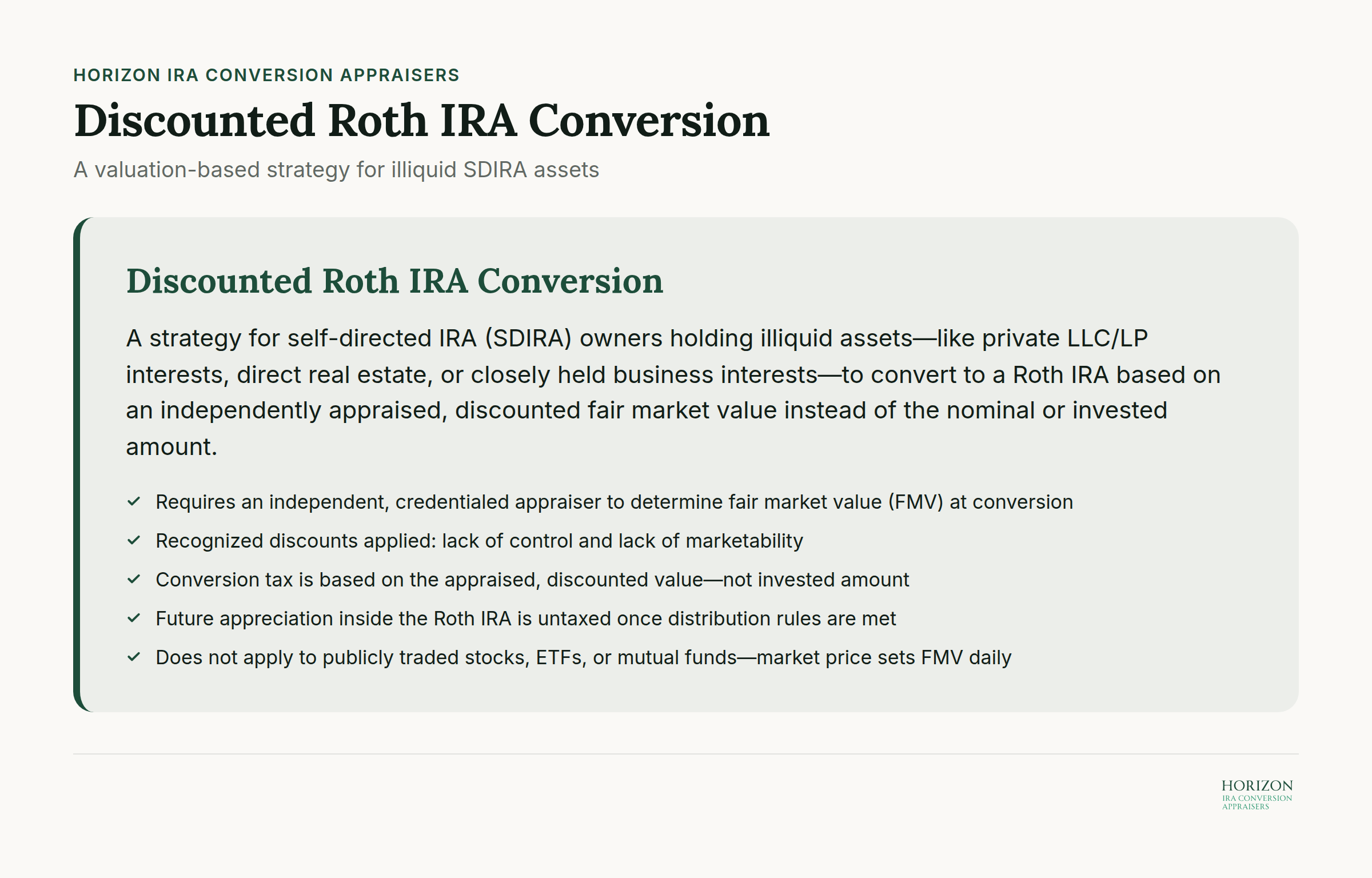 Valuation-based strategy diagram for discounted Roth IRA conversion of illiquid SDIRA assets Valuation-based strategy diagram for discounted Roth IRA conversion of illiquid SDIRA assets