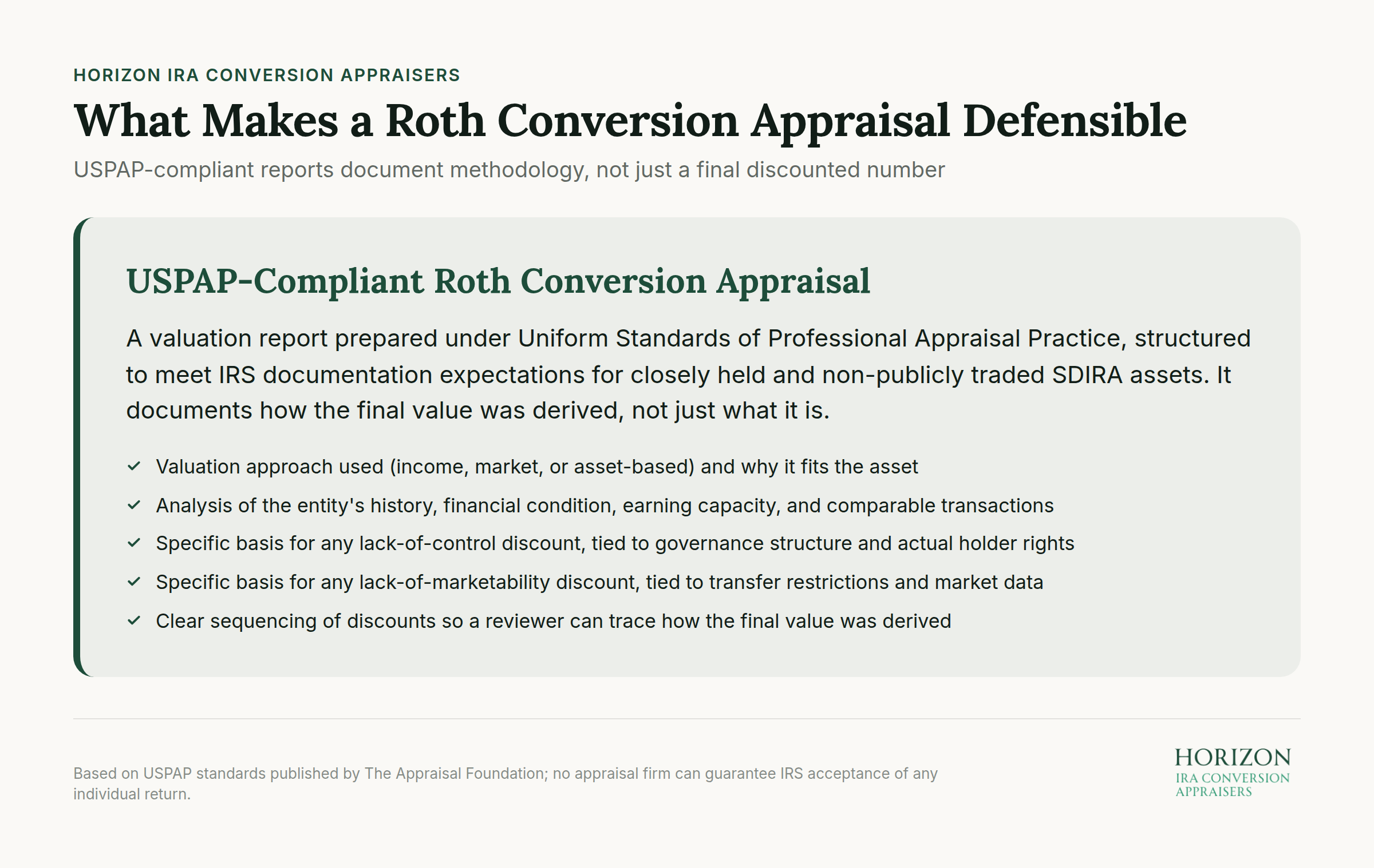 USPAP-compliant appraisal report showing methodology documentation for Roth conversion valuation