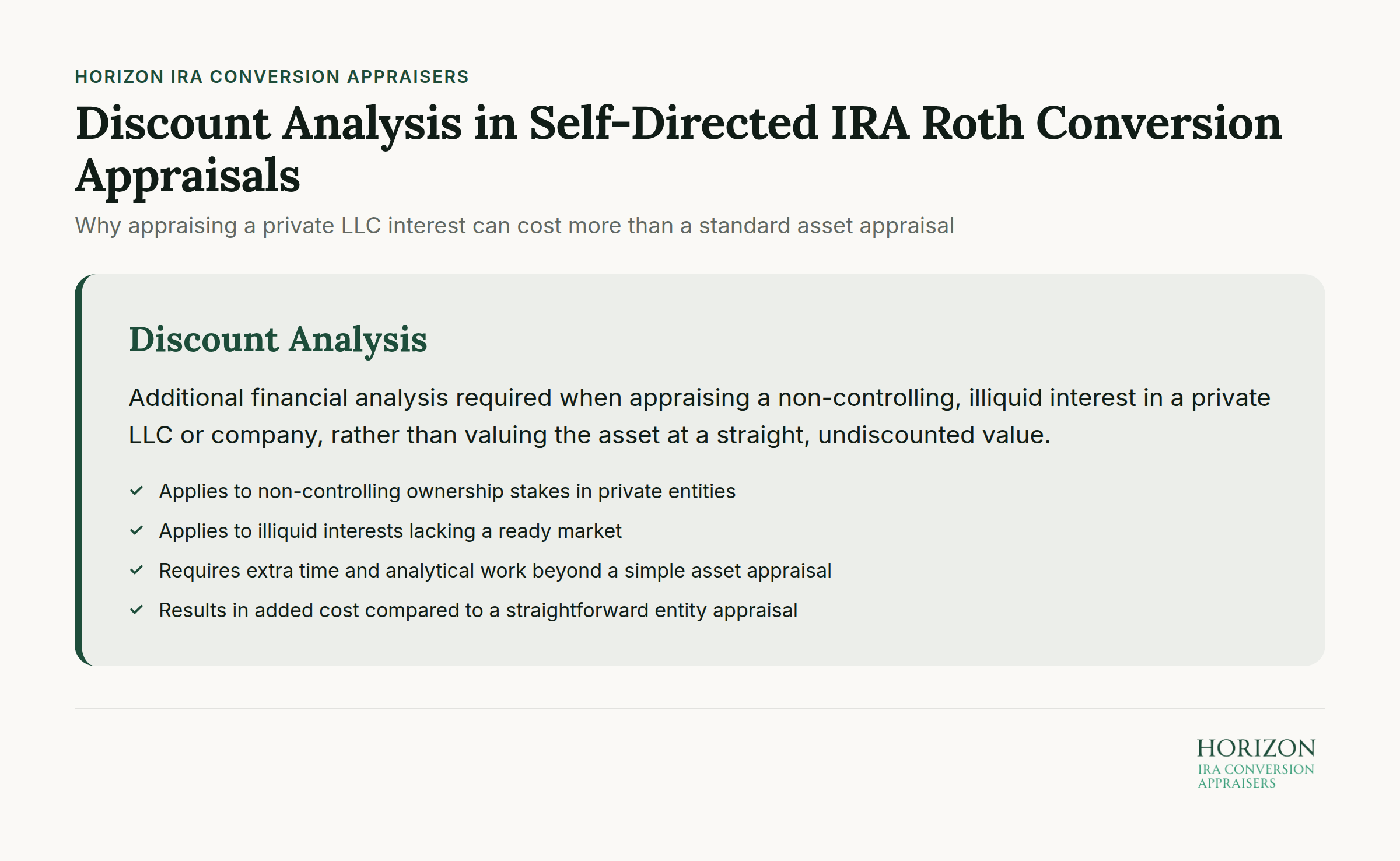 Private LLC interest appraisal cost comparison chart for Roth conversion analysis