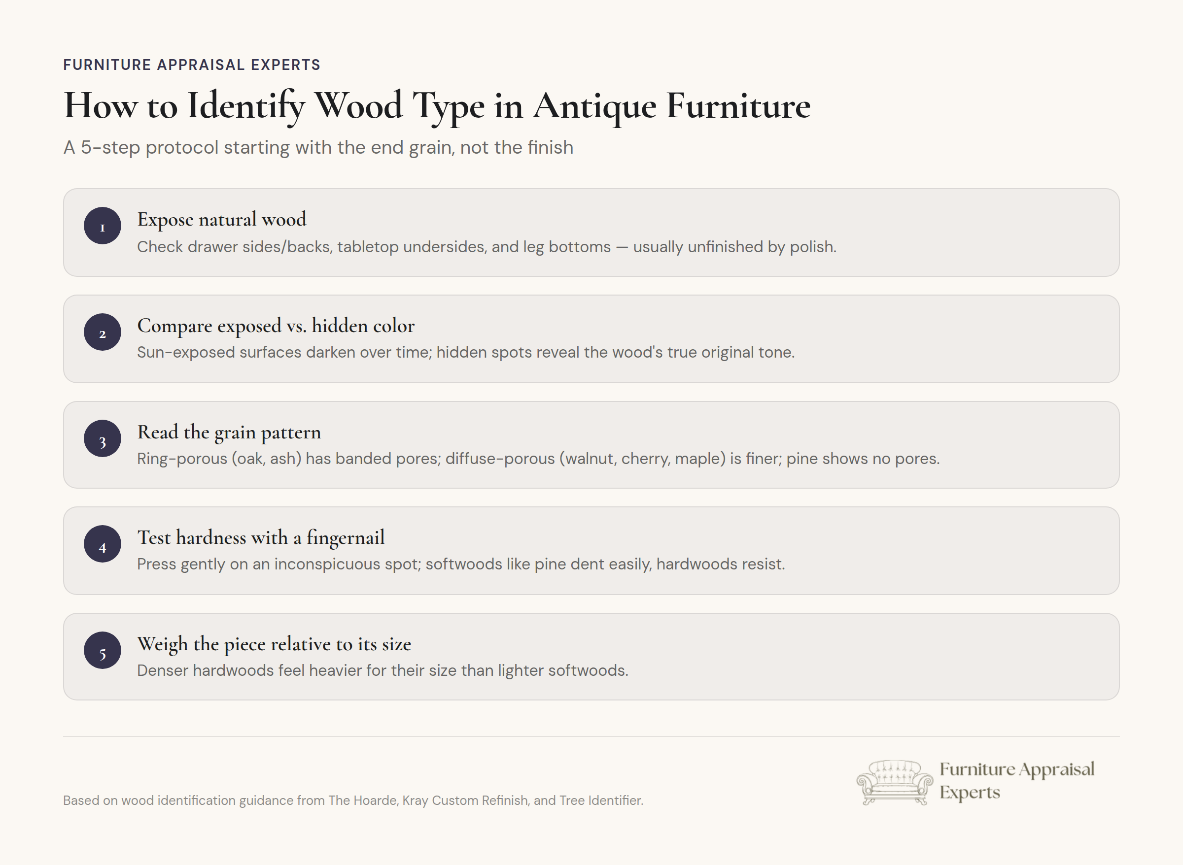 Wood grain pattern and cross-section showing identification techniques for antique furniture