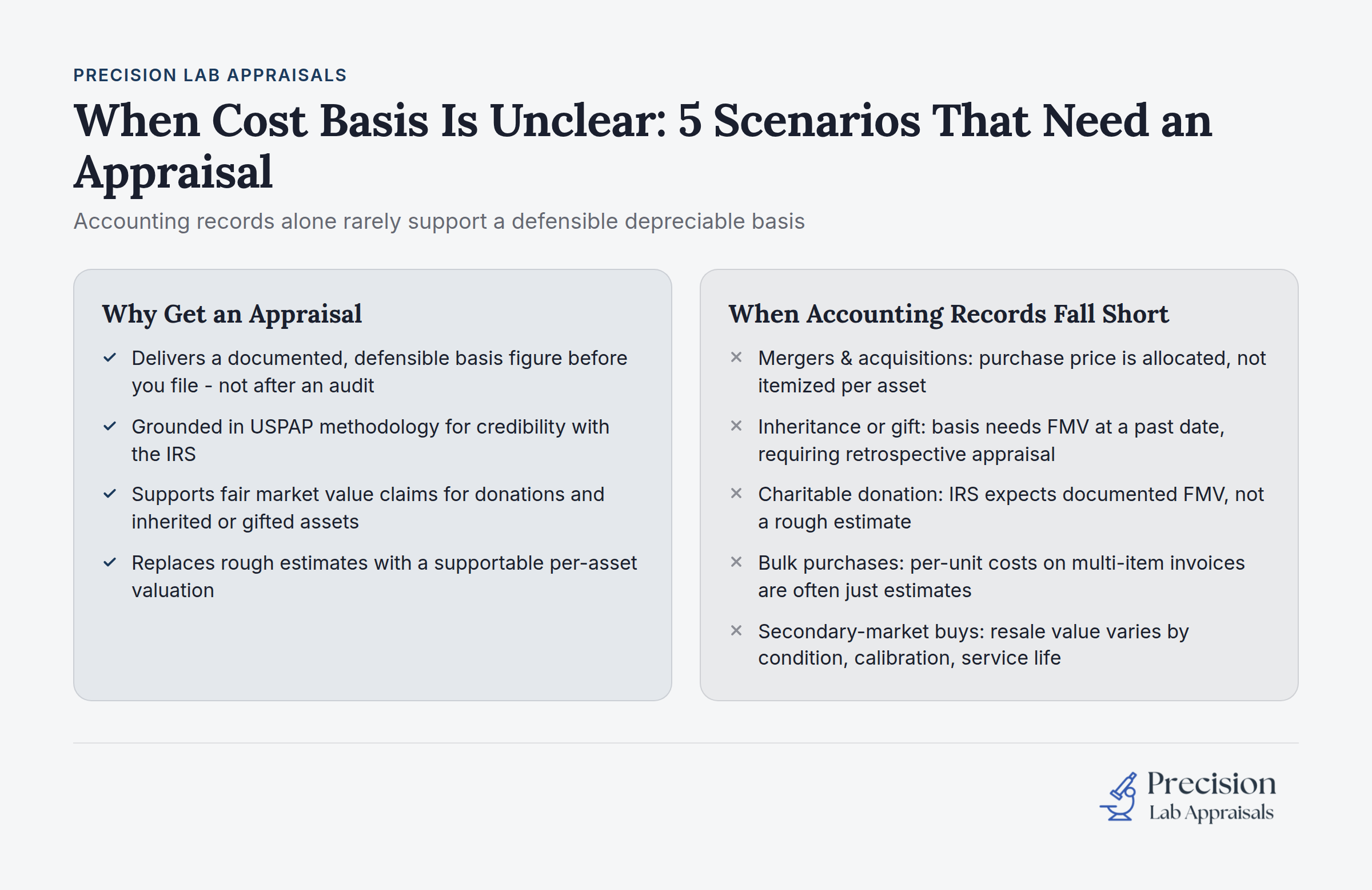 Infographic showing five scenarios requiring property appraisals when cost basis documentation is incomplete