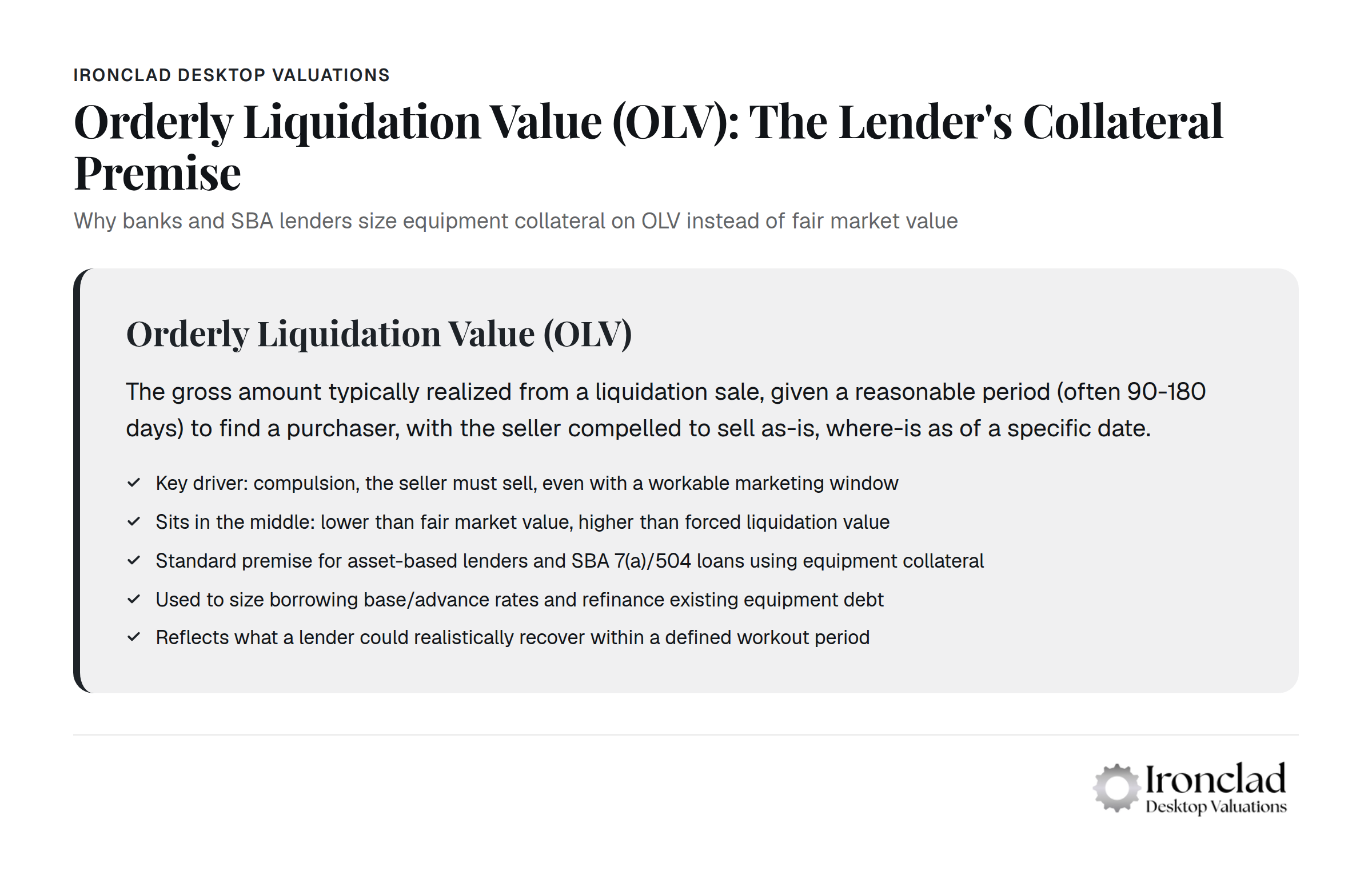 Equipment collateral valuation comparison chart showing Orderly Liquidation Value versus Fair Market Value methods