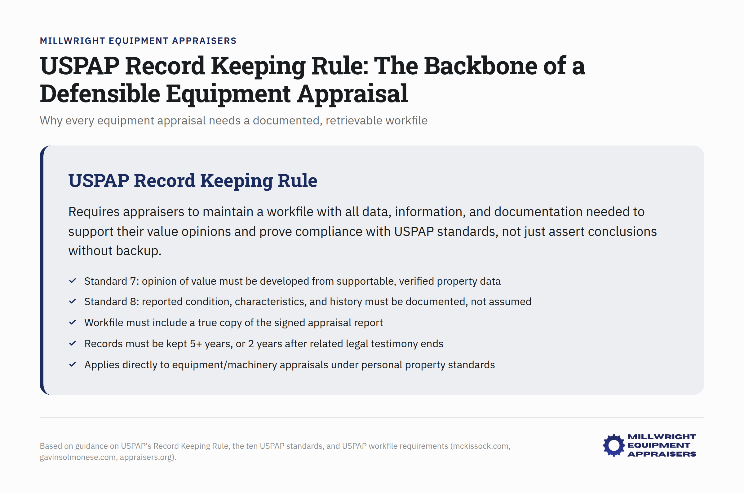 USPAP Record Keeping Rule infographic showing documentation requirements for equipment appraisals