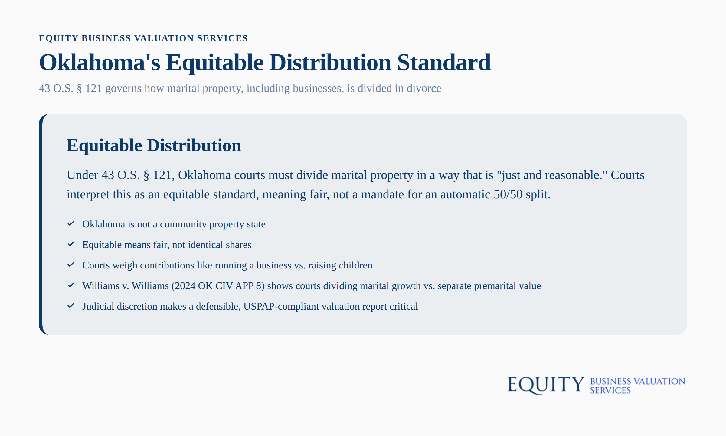 Oklahoma marital property division law 43 O.S. § 121 with business valuation requirements