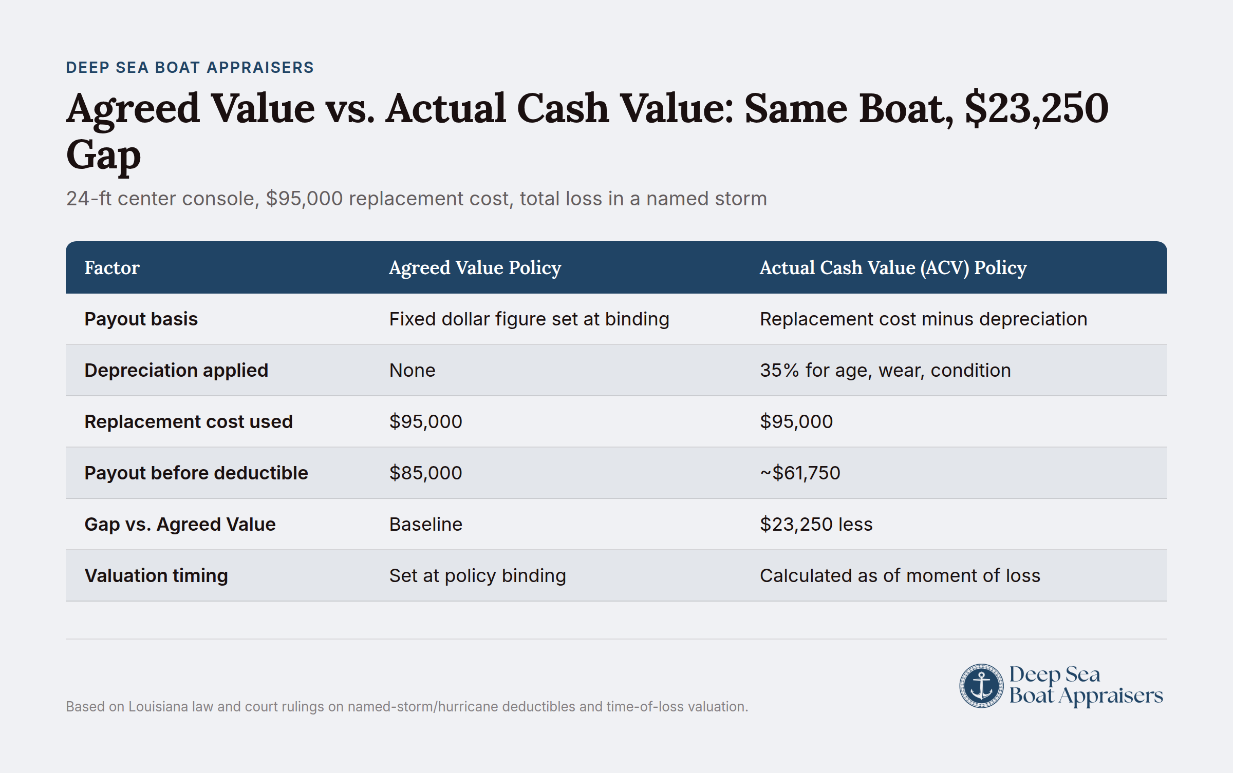 24-ft center console boat valued at $95,000 showing $23,250 difference between agreed and actual cash value after total loss