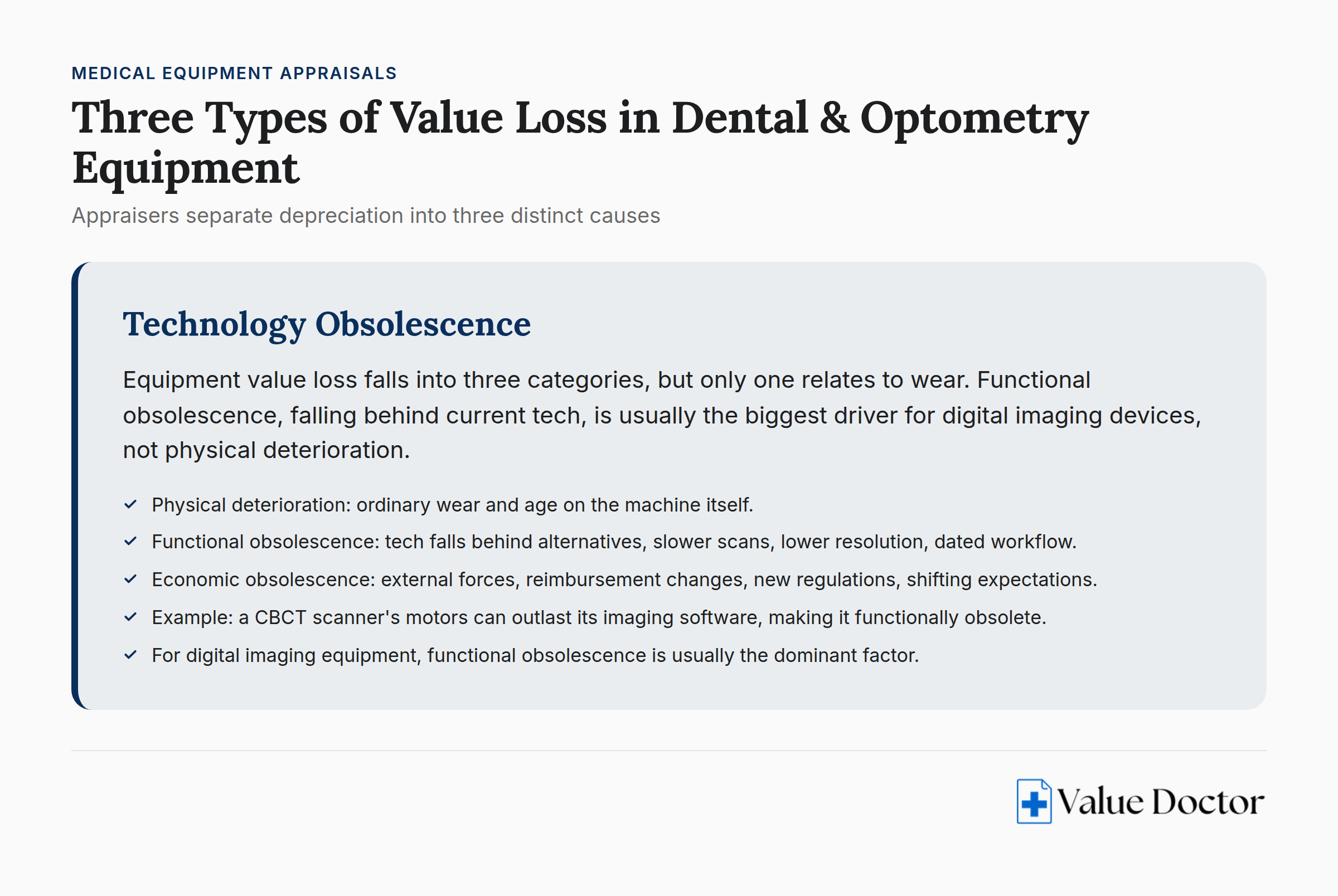 Three types of dental and optometry equipment value loss: physical deterioration, functional obsolescence, and external obsolescence