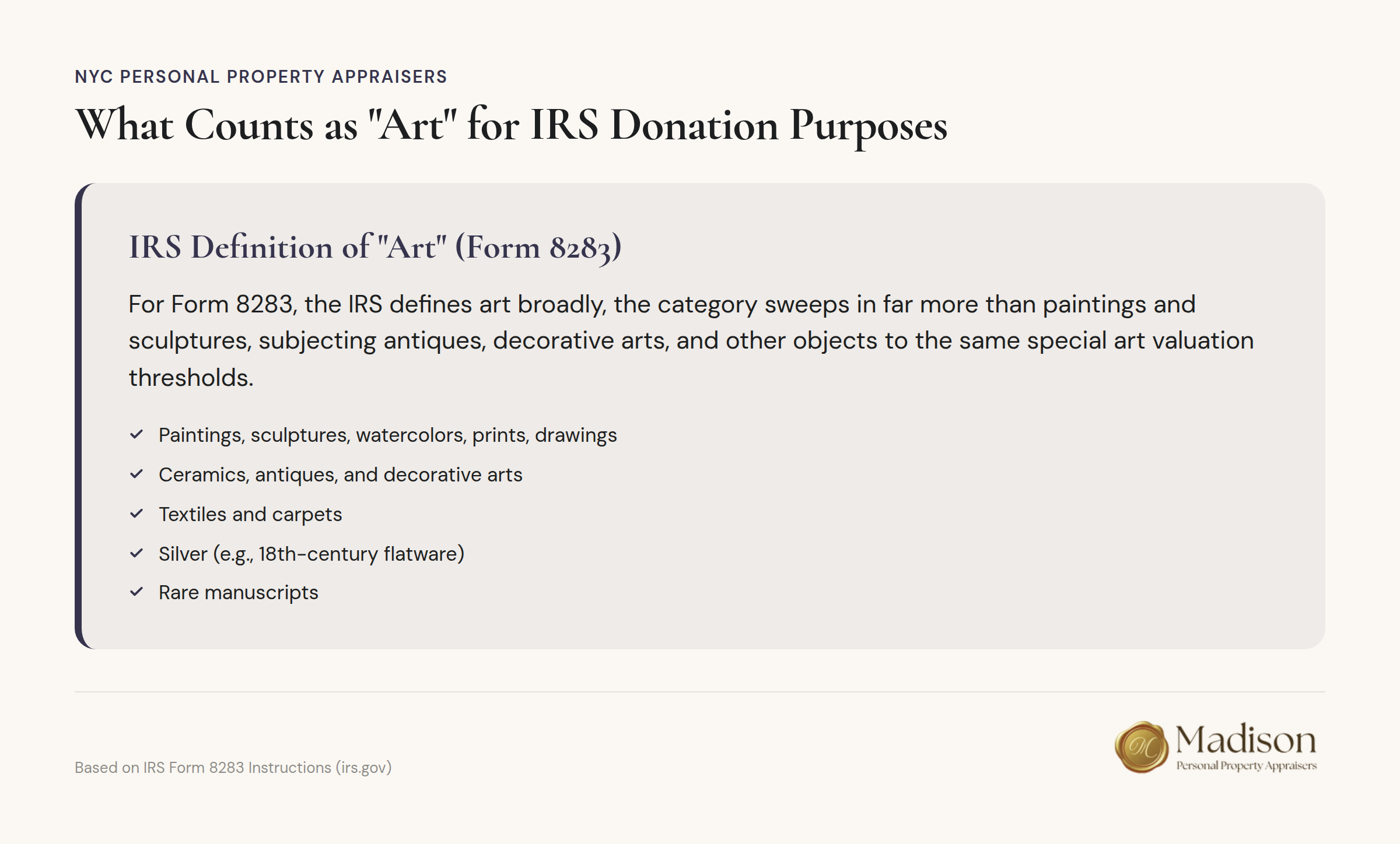 Infographic about what qualifies as art for IRS donation tax deductions