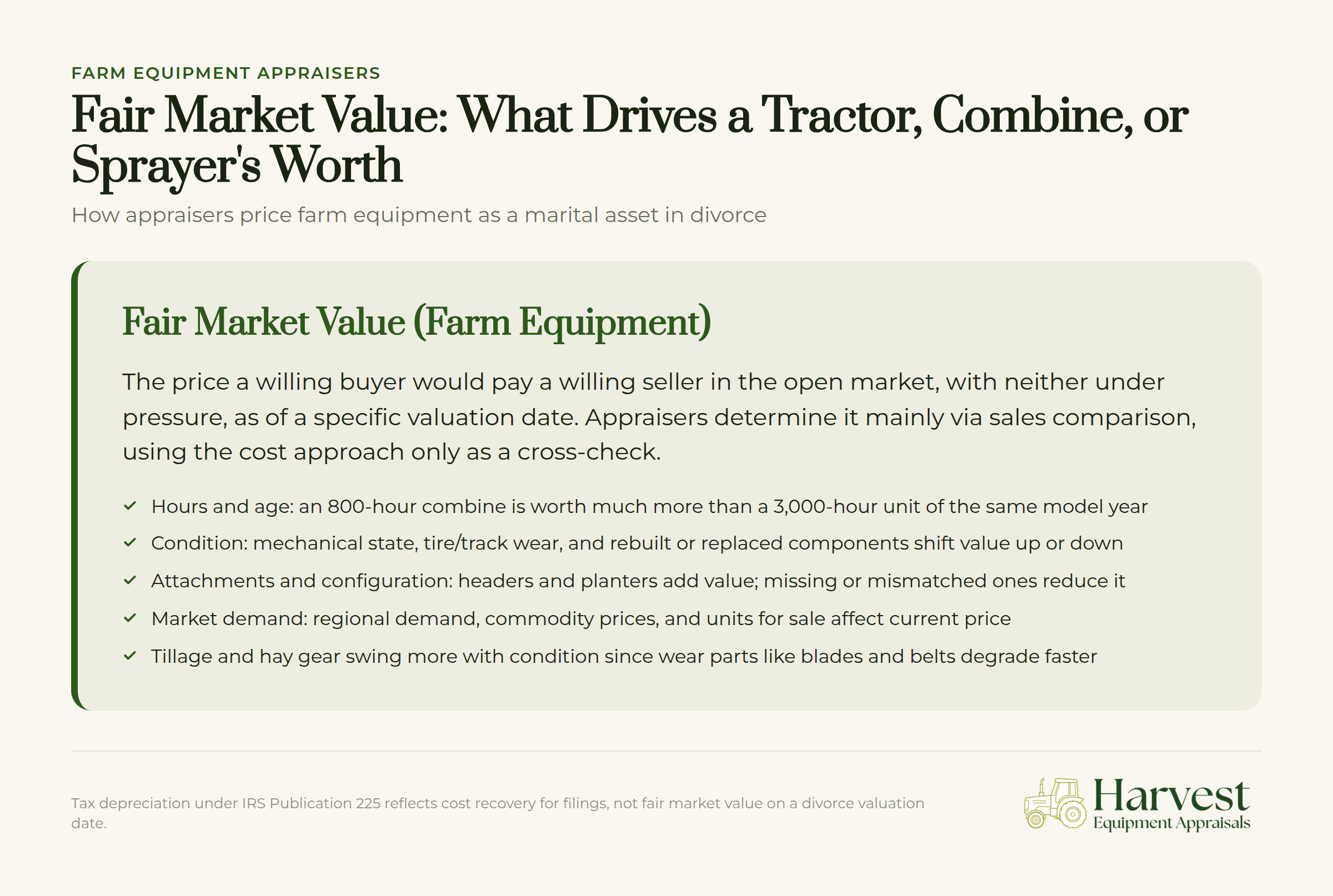 Farm equipment appraisal methods for marital asset valuation in divorce proceedings