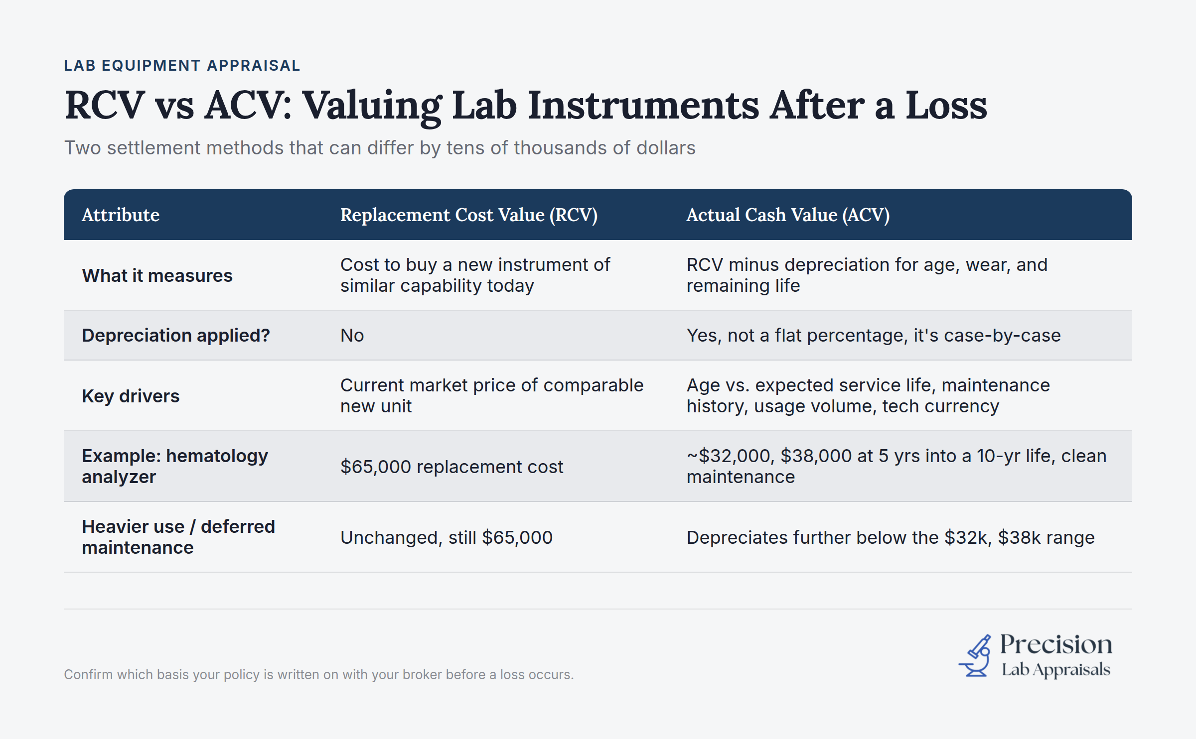 RCV vs ACV comparison chart for lab instrument valuations