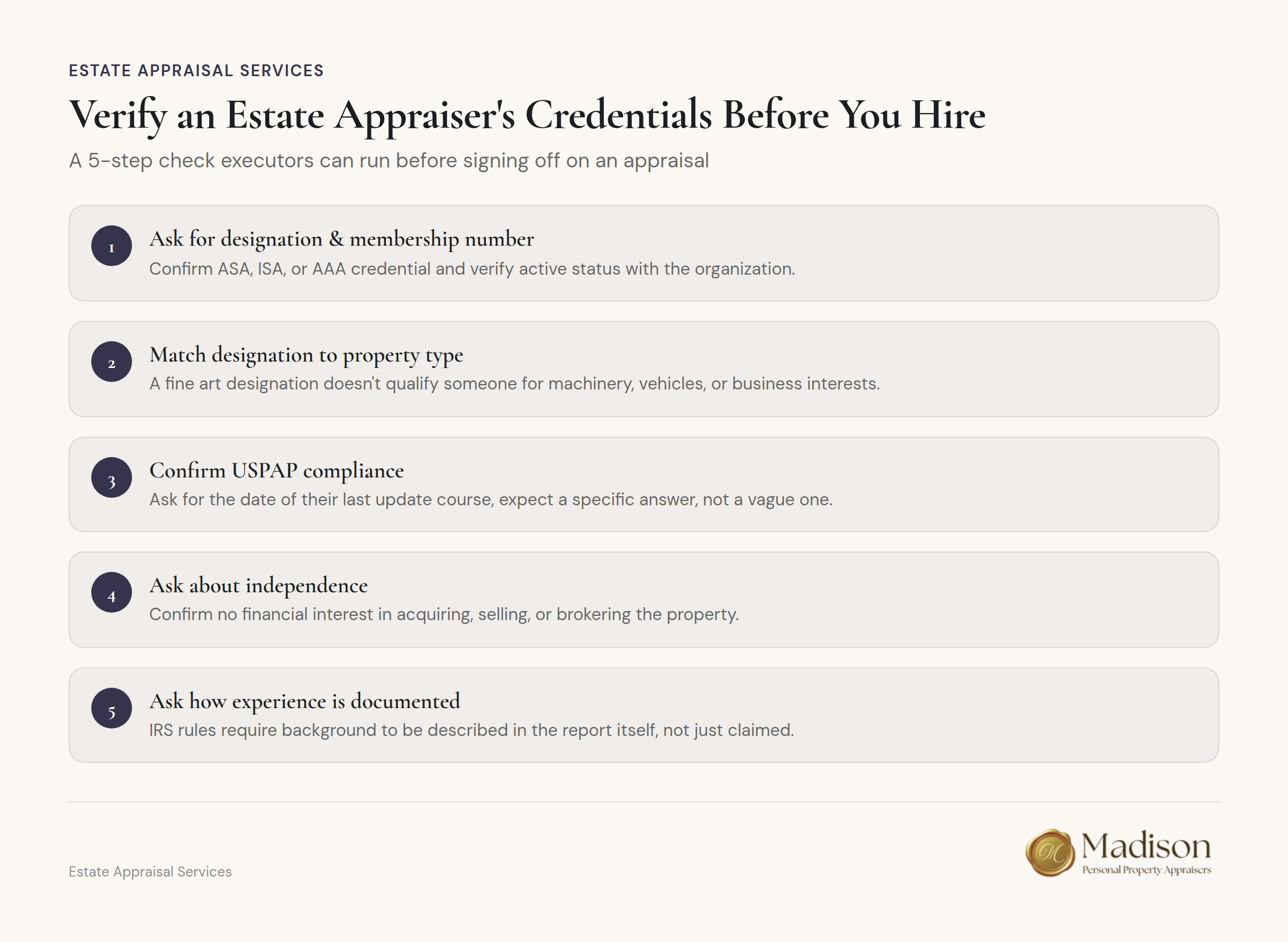 Five steps for verifying an estate appraiser's credentials before hiring