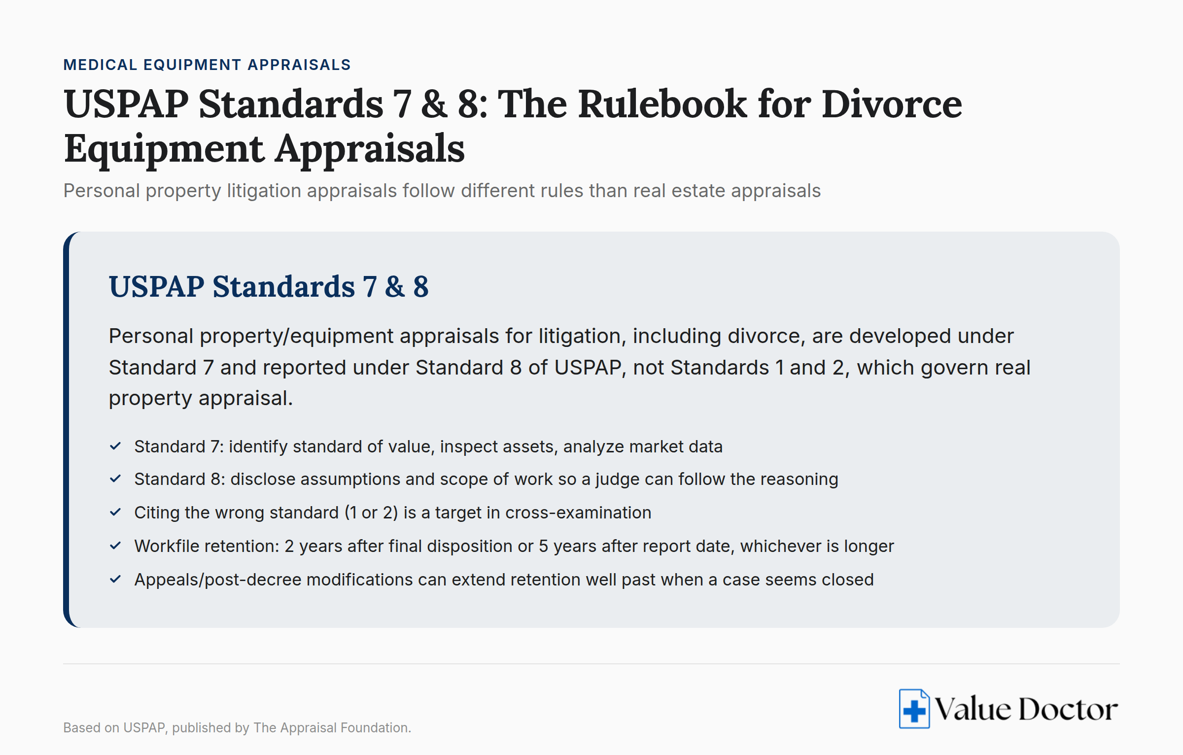 USPAP Standards 7 & 8 comparison chart for personal property litigation appraisals versus real estate appraisals