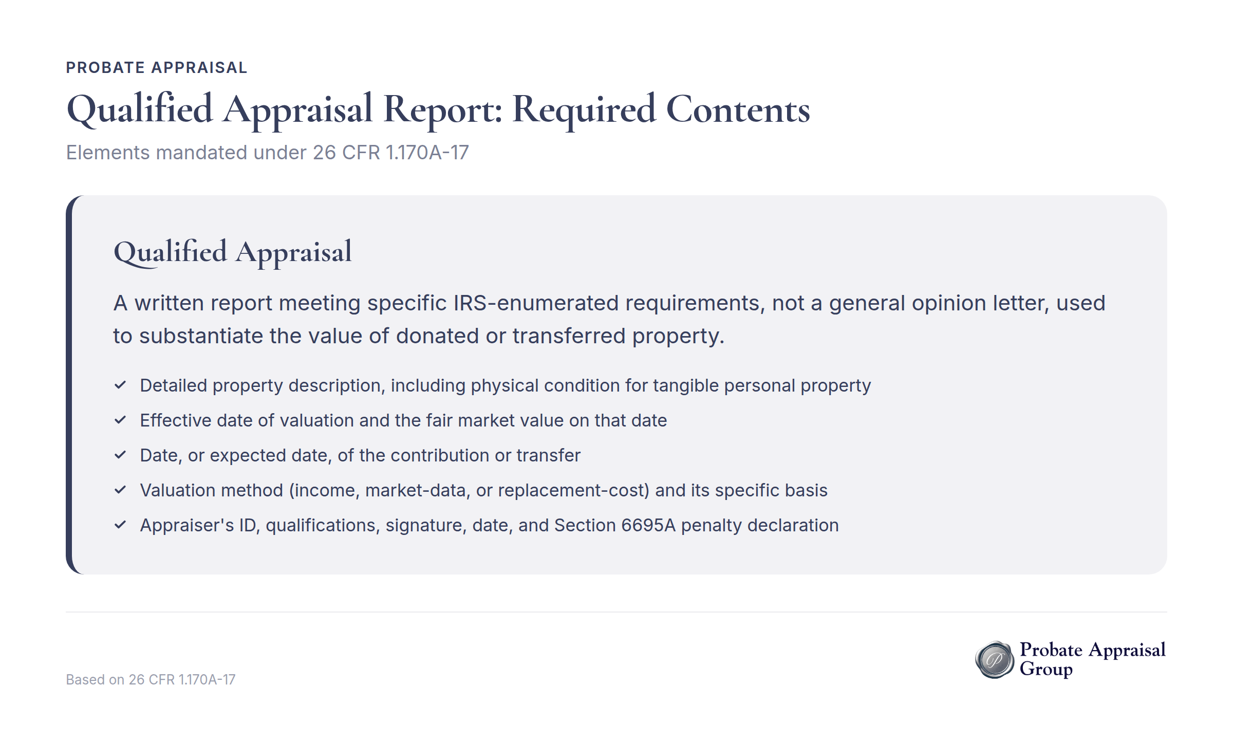 Qualified Appraisal Report required contents under 26 CFR 1.170A-17 infographic