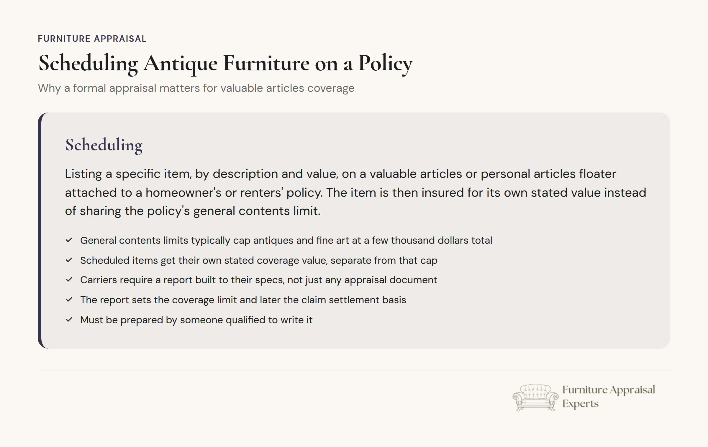 Formal furniture appraisal document displayed with antique chair and insurance policy papers