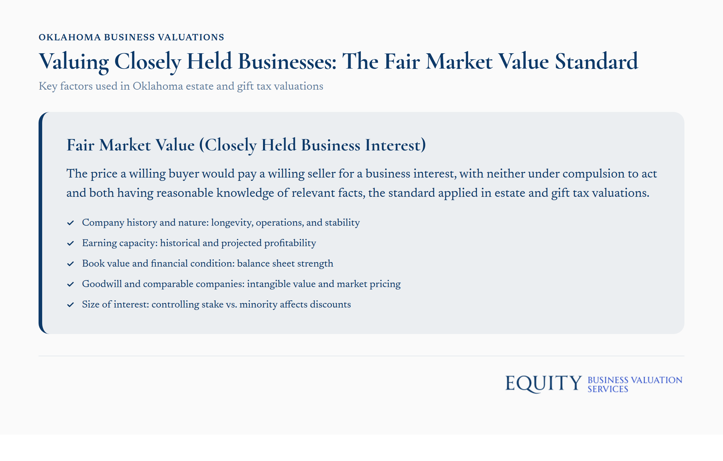 Fair market value factors for Oklahoma closely held business valuations