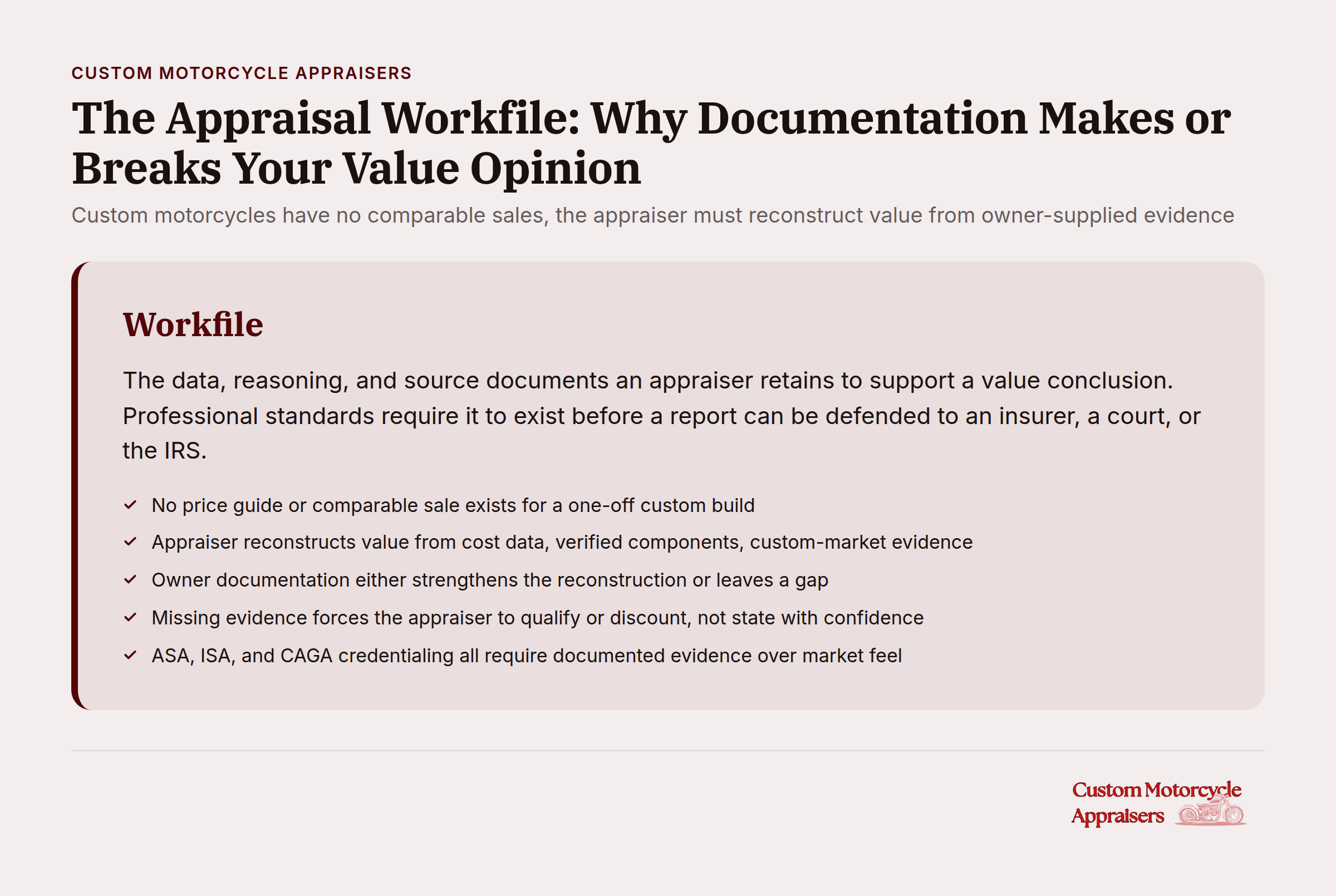 Custom motorcycle parts and construction details displayed for appraisal documentation